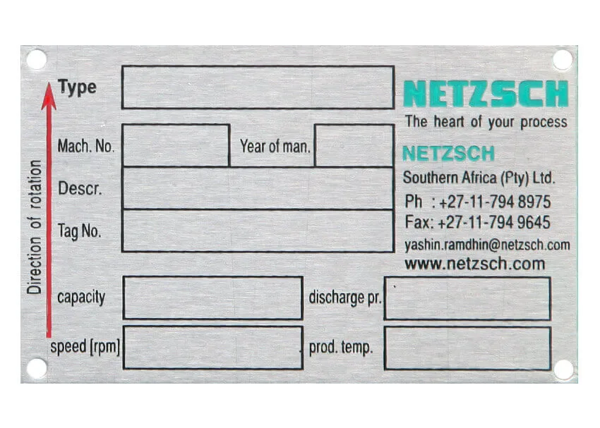 Netzsch Stainless Steel Name Plate